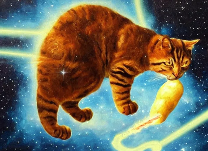 Image similar to giant cat shooting laser beams made of potato, in space, oil painting, detailed