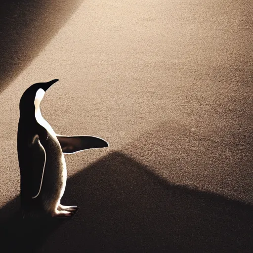 Prompt: Penguin finding the meaning of life, dramatic lighting, cinematic shot, dust, 4k