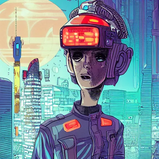 Prompt: in the style of max prentis and deathburger and laurie greasley a young mixed race male explorer wearing a cyberpunk headpiece who is standing on a giant robot head, highly detailed, 8k wallpaper, adventure time colour palette n 7