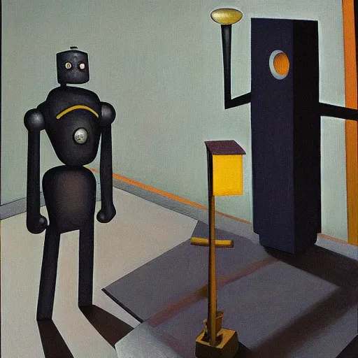 Image similar to robot judge, guards, chambers, brutalist, dystopian, pj crook, edward hopper, oil on canvas