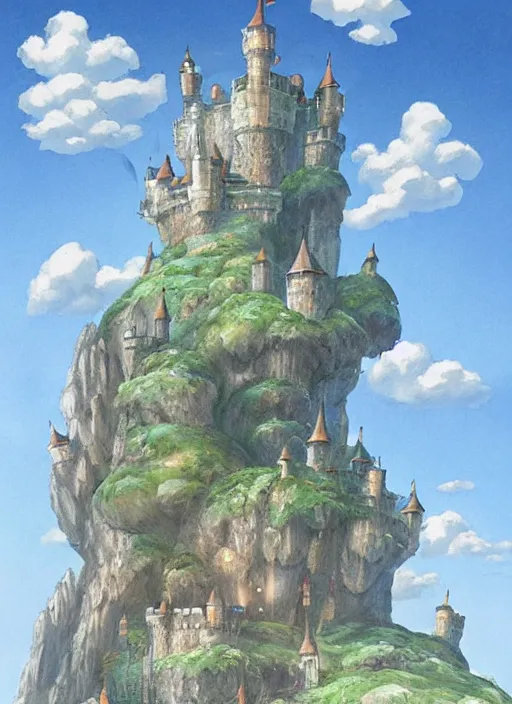 Prompt: 2 d illustration of a castle in the sky, concept art by hayao miyazaki, featured on pixiv, fantasy art, concept art, official art, high detailed