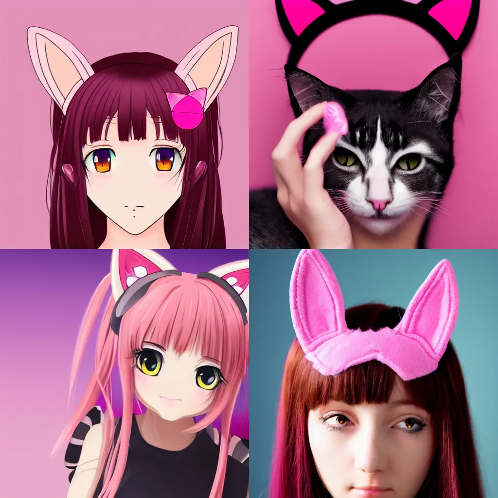 Prompt: frontal portrait of an anime (cat) girl with cat ears. Pink hue.