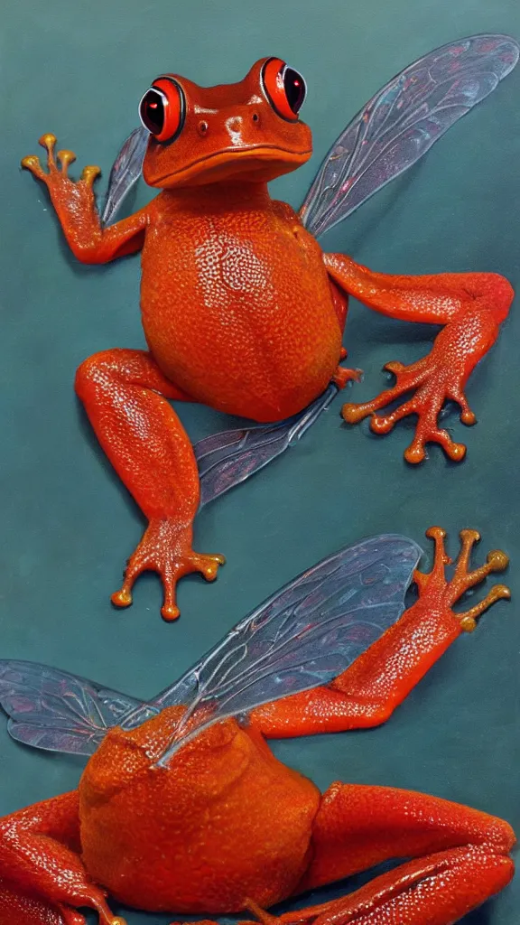 Image similar to giant red frog with giant dragonfly wings, photorealism, oil paint, renaissance, 8 k, high detail whide shot