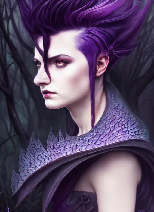 Image similar to side portrait dark witch, adventurer outfit large cloak, fantasy forest landscape, dragon scales, fantasy magic, undercut hairstyle, short purple black fade hair, dark light night, intricate, elegant, sharp focus, illustration, highly detailed, digital painting, concept art, matte, art by WLOP and Artgerm and Greg Rutkowski and Alphonse Mucha, masterpiece