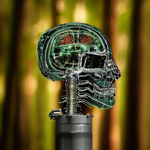 Image similar to extremely detailed portrait of a terminator's head, packed with cybernetics and and borg enhancements and has lit optic fibers inside. In a forest with bokeh. No plating.