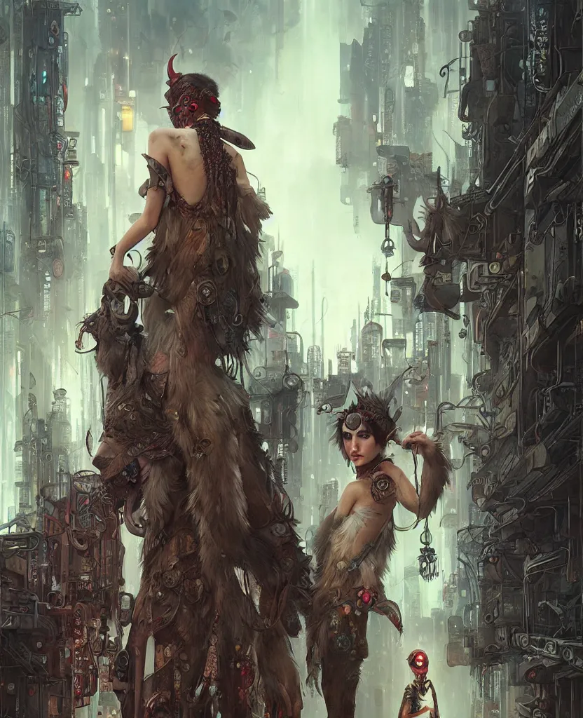 Image similar to hyper realistic Princess Mononoke, spooky mask, busy cyberpunk metropolis, city landscape, jewels, style of tom bagshaw, mucha, james gurney, norman rockwell, denoised, sharp