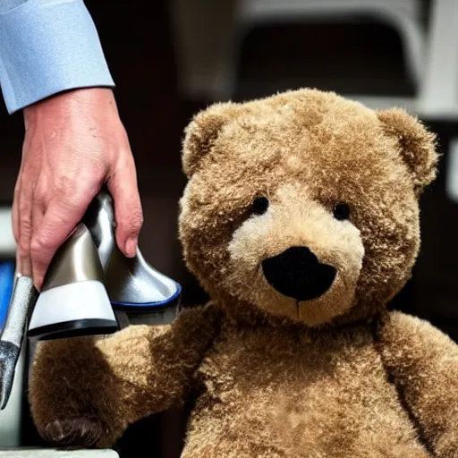 Prompt: Teddybear is standing with brush in his hand, sweating a lot while polishing shoes