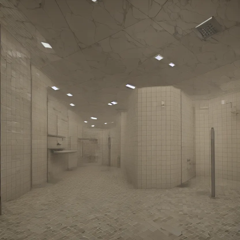 Prompt: an infinite public restroom with endless stalls and endless sinks fading into the distance, mirrors!, showers, tile, cinematic lighting, volumetric lighting, award winning photography, highly detailed, intricate, sharp focus, 4 k wallpaper, unreal engine, 9 0 mm, f / 1. 4