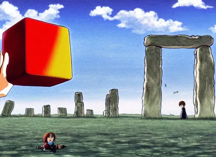 Prompt: a realistic cell - shaded studio ghibli concept art from paprika ( 2 0 0 6 ) of a flying multi - colored cube from close encounters of the third kind ( 1 9 7 7 ) and a grey long - haired witch in a flooded stonehenge on a misty starry night. very dull colors, wide shot, hd, 4 k, hq