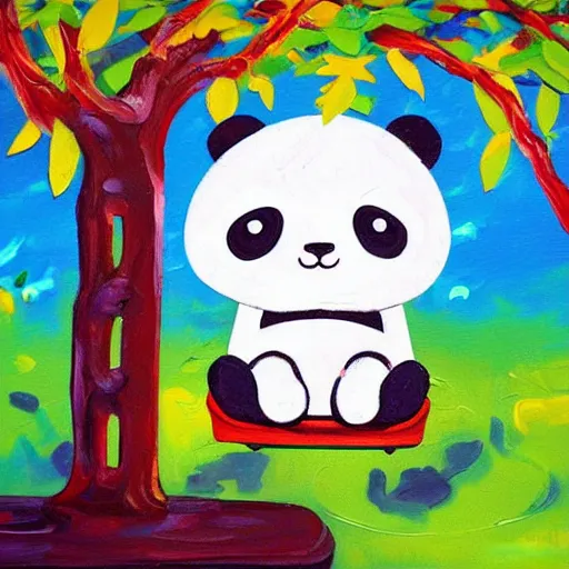 Prompt: beautiful and adorable and cute acrylic! impasto! painting of a sad, crying panda bear on a playground swing. by jeremiah ketner and studio ghibli