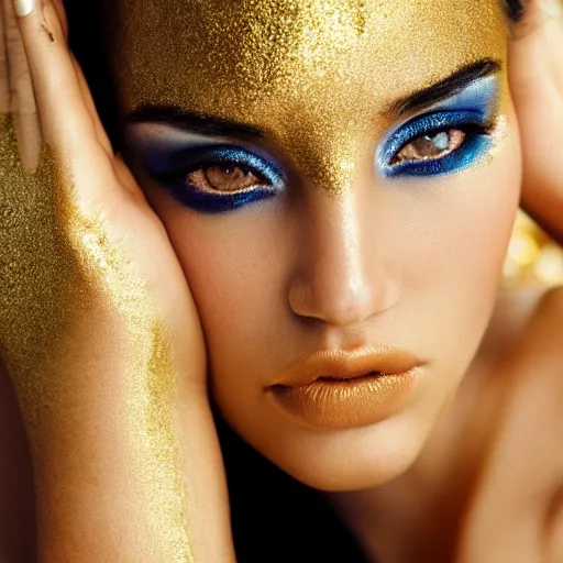 Image similar to extreme close up portrait of stunningly beautiful girl, staring in the camera, symmetrical, gold dust make up, high res photo, 8 k, 5 0 mm 1. 8, bokeh, by mario testino