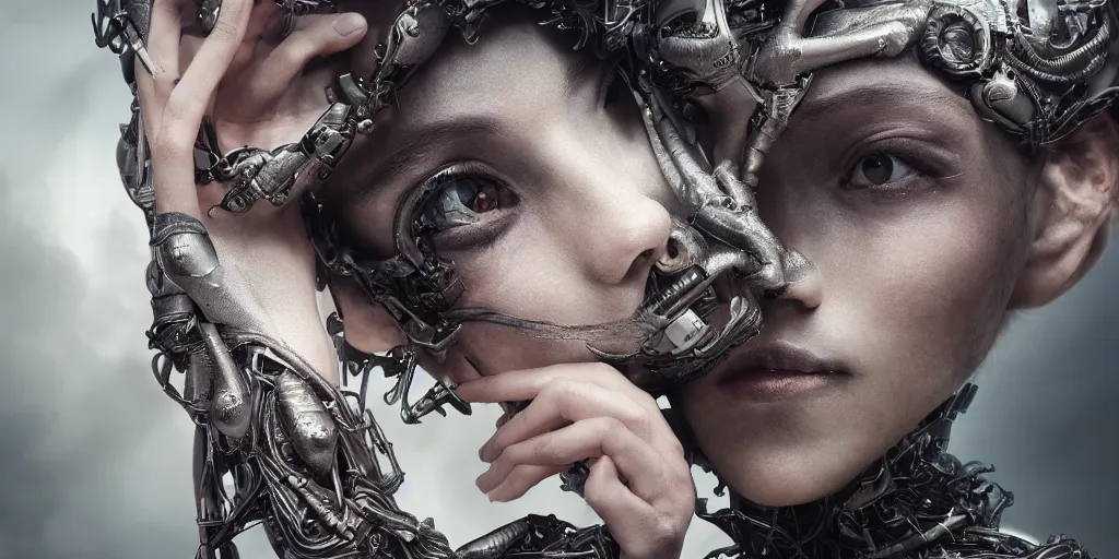 Image similar to the creation of, hyper realistic photography of a beautiful cyborg female, intimate holding close, in the style of beth cavener, jin kagetsu, wlop, highly detailed, intricate filigree, symmetry, masterpiece, concept art, highkey lighting, ambient lighting, octane render, 8 k, artstation