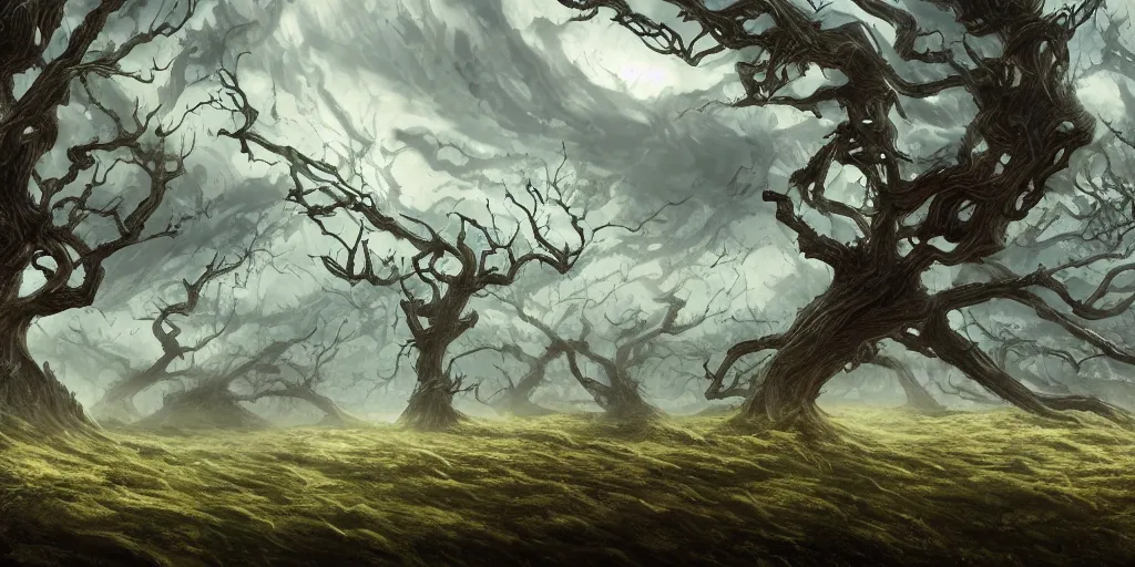 Image similar to swaths of leaned or keeled over windswept trees, no visible soil, high quality fantasy art, 4k