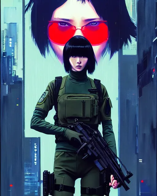 Prompt: girl wearing in tactical gear | | audrey plaza, fine detail!! anime!! realistic shaded lighting!! dramatic!! poster by ilya kuvshinov katsuhiro otomo ghost - in - the - shell, magali villeneuve, artgerm, jeremy lipkin and michael garmash and rob rey