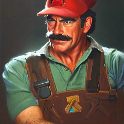 Prompt: ultra realistic portrait painting of tom selleck as super mario, art by frank frazetta, 4 k, ultra realistic, highly detailed, epic lighting