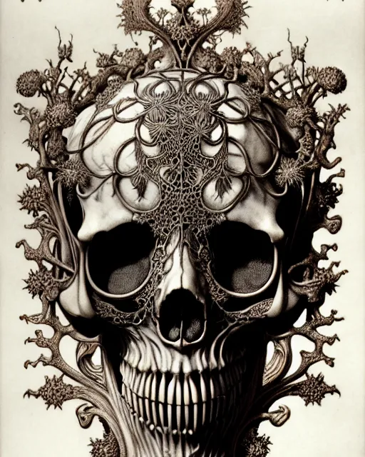 Image similar to art forms of nature by ernst haeckel, memento mori by arthur rackham, ornate antique porcelain beautiful skull mask, ultrasharp, photorealistic, hyperdetailed, octane render, polished, art nouveau, neo - gothic, gothic, intricate ornamental organic filigree, art nouveau botanicals, art forms of nature by ernst haeckel, horizontal symmetry, symbolist, visionary