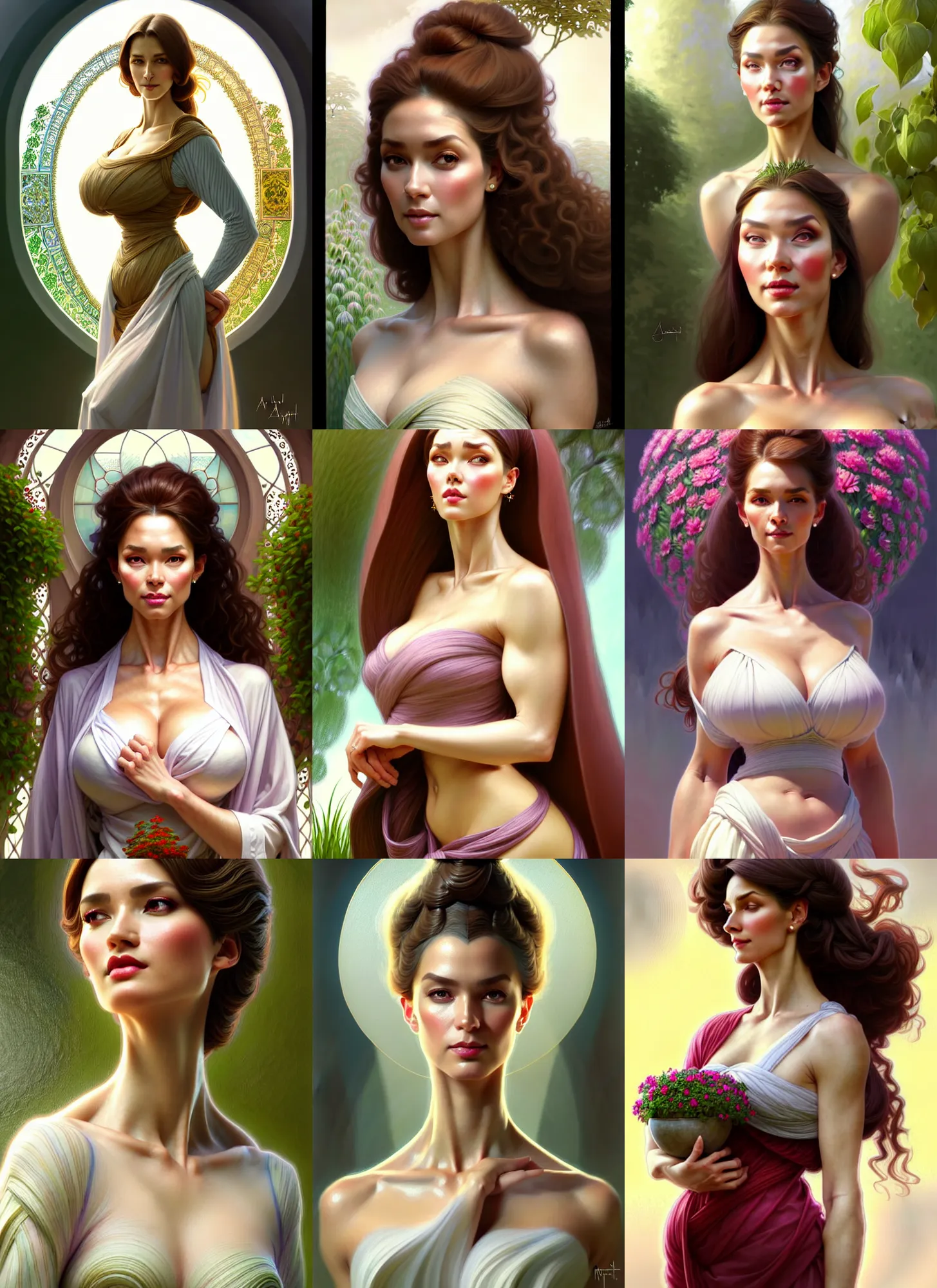 Prompt: character concept portrait of me as modest wife blessed by god to grow ever - more intelligent beautiful voluminous muscular tall and healthy. modestly clothed, in garden, intricate, elegant, highly detailed, digital painting, artstation, concept art, symmetry, smooth, sharp focus, illustration, art by artgerm and rutkowski and mucha