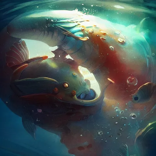 Prompt: a deep sea creature, realistic, digital art, illustration, vibrant watercolor, warm fantasy lighting, wenjun lin, reflections, refractions, film grain