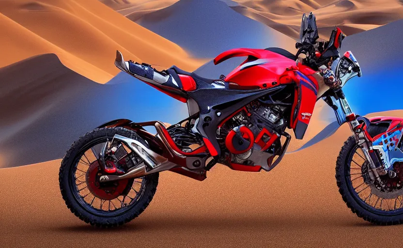 Image similar to prototype, futuristic dakar motorbike, dakar race, sand and desert in background, symmetrical mechanical features, off - road, designed by professional, smooth curvatures, brushed red and blue paint, hard surfaces modelling, dramatic lighting, hyper realistic rendering, octane, depth of field, bokeh effect, 4 k