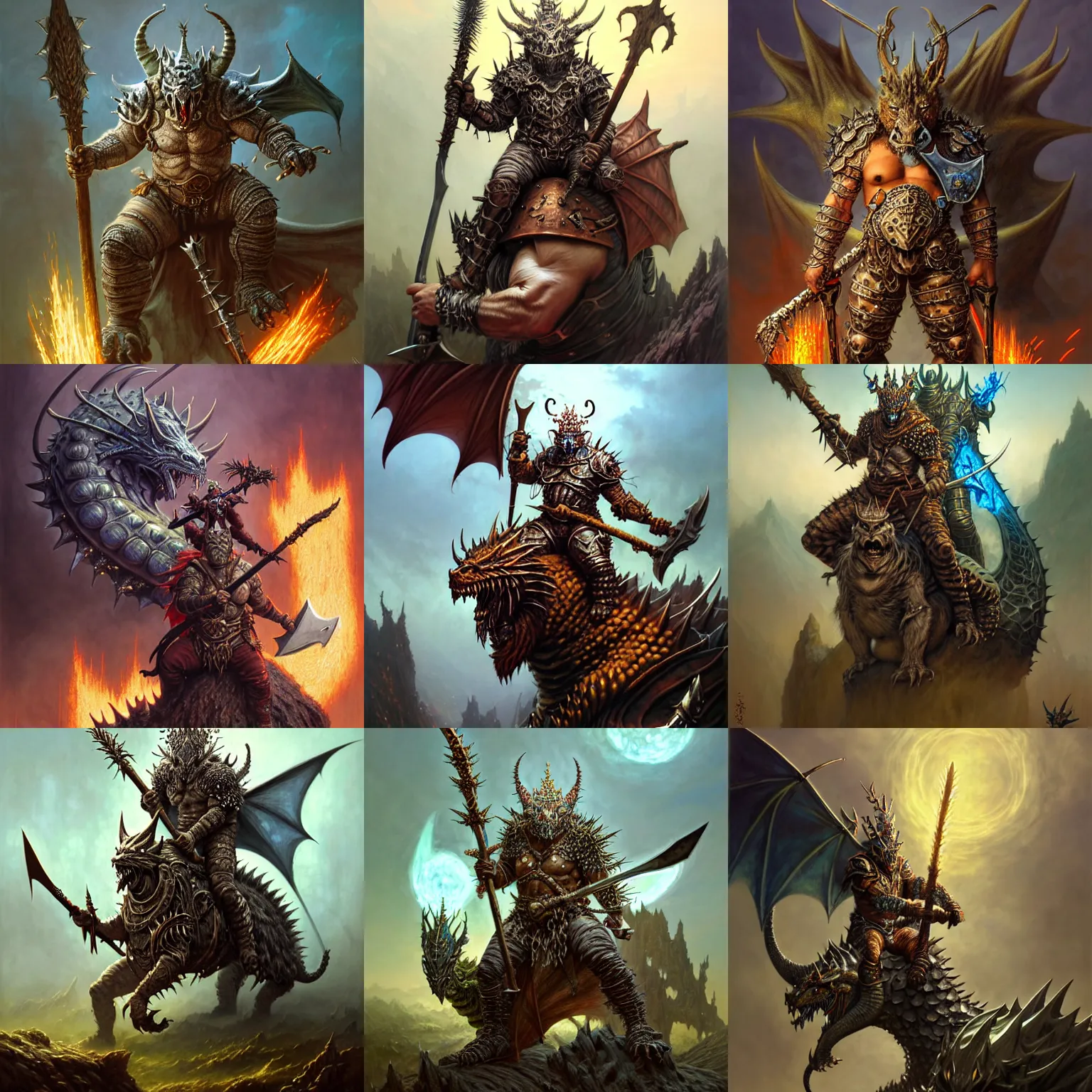 Prompt: fantasy character portrait, orc king in spiky armor with an aura, wearing a dragon mask, sitting on big tiger, holding an axe, ultra realistic, wide angle, intricate details, highly detailed by peter mohrbacher, hajime sorayama, wayne barlowe, boris vallejo, aaron horkey, gaston bussiere, craig mullins
