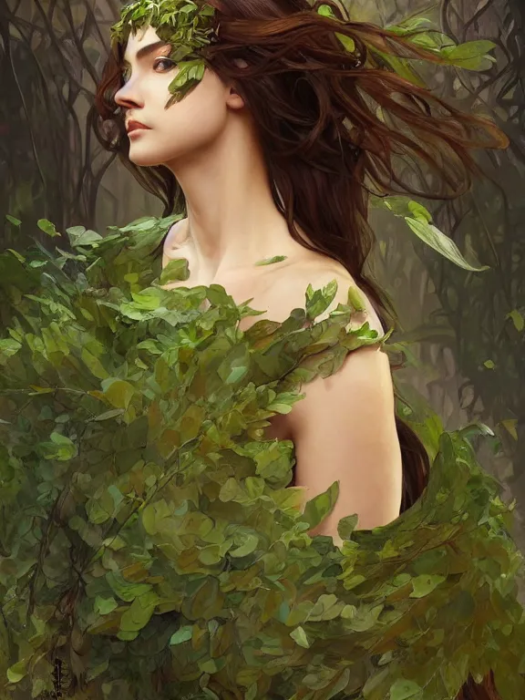 Prompt: portrait of a forest mage, female, delicated facial features, dress made of green leaves, gorgeous, green hair, brown skin, curves, shapely derriere, forest background, highly detailed, digital painting, artgerm and greg rutkowski and alphonse mucha