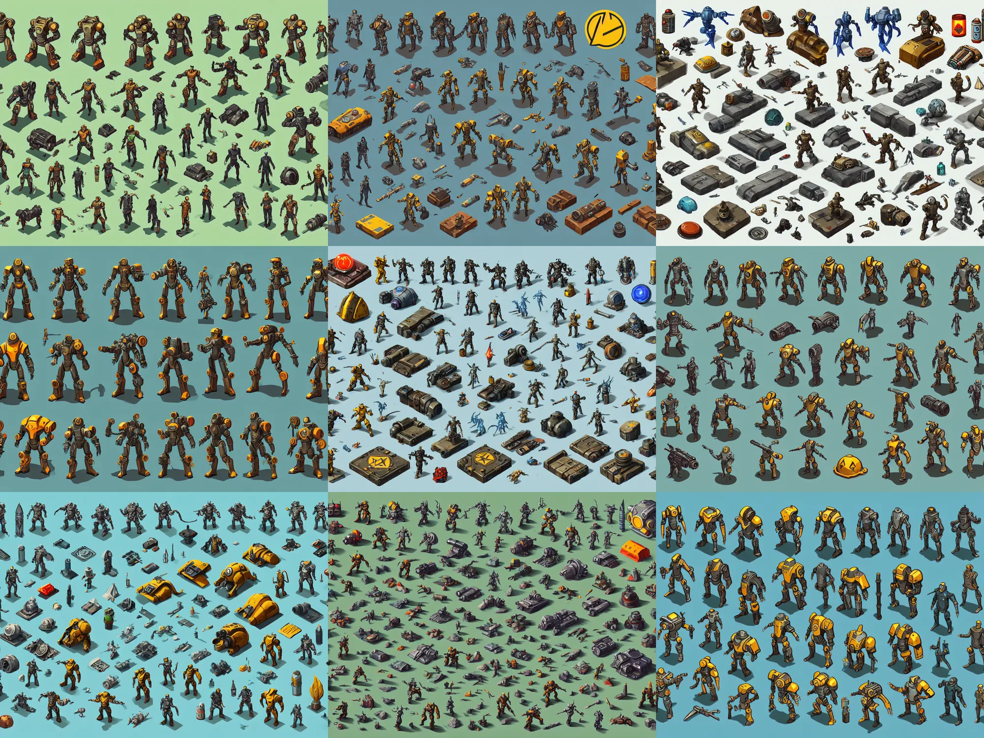 Prompt: isometric game asset of fallout power armor, in gouache detailed paintings, props, stylized, 2 d sprites asset sheet, kitbash, arcane, prop rocks, overwatch, many color scheme, 8 k, close up, white background