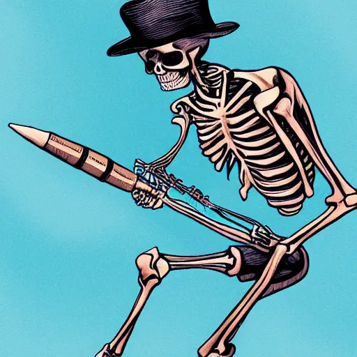 Image similar to a detailed portrait of a skeleton riding a missile, blue eyes, art illustration, incredibly highly detailed and realistic, 8 k, sharp focus