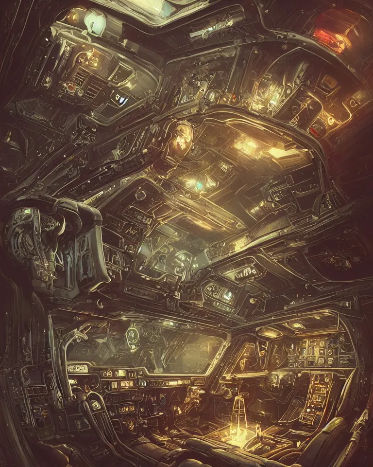 Prompt: intricate detailed victorian goth interior of a vintage 1 9 7 0 s spaceship cockpit by peter mohrbacher and dan mumford, cgsociety, volumetric light