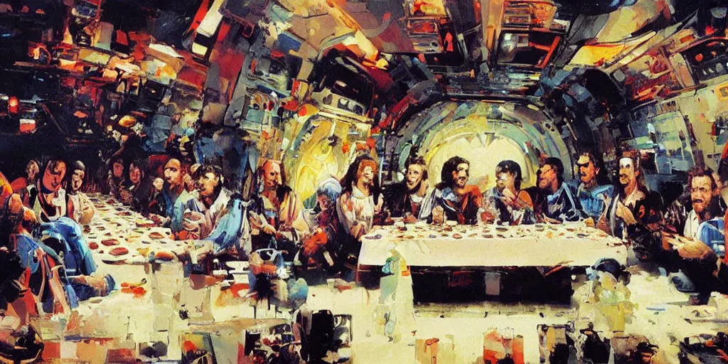 Image similar to the last supper in spaceship by john berkey