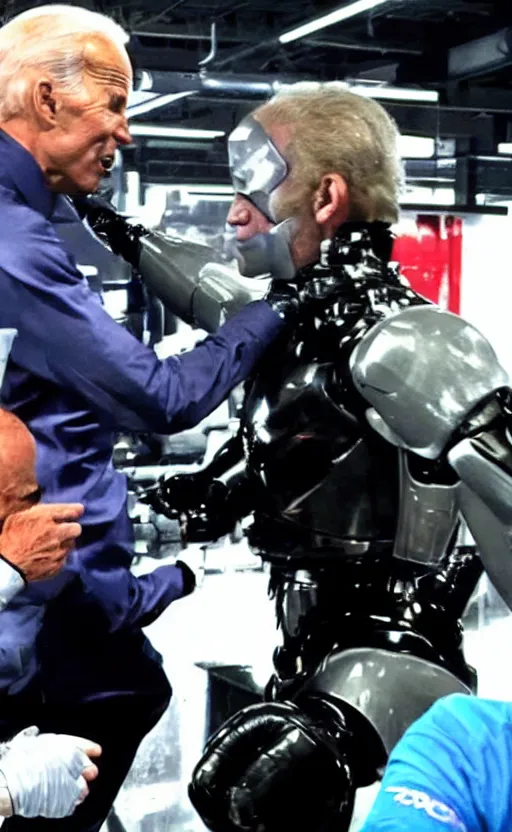 Prompt: robocop punching joe biden in the face, slow motion still