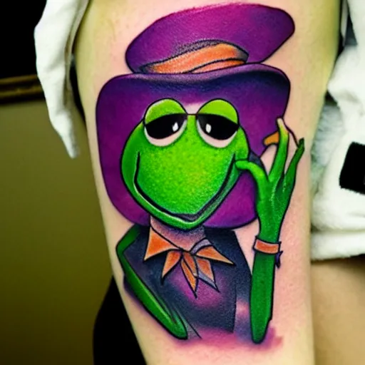 Image similar to tattoo of kermit the frog from sesame street with joker makeup