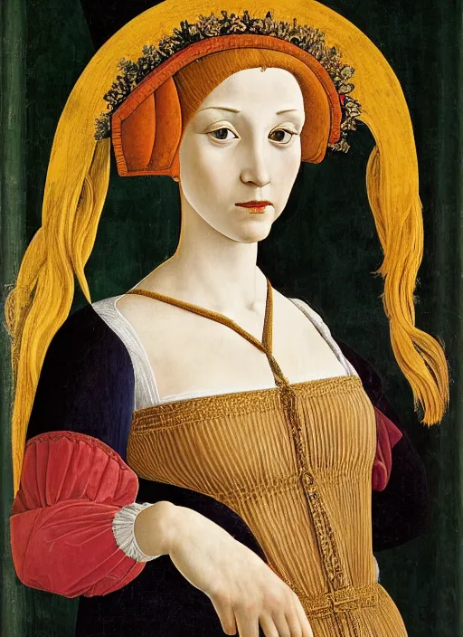 Image similar to portrait of young woman in renaissance dress and renaissance headdress, art by sandro botticelli