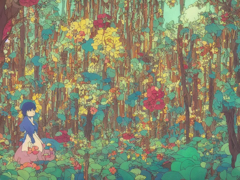 Image similar to colorful blueprint sideview of a fairytale forest, illustration, concept art, autumn light, colorful, beautiful, studio ghibli, hayao miyazaki, takashi murakami, alfons mucha, manga, cute and adorable