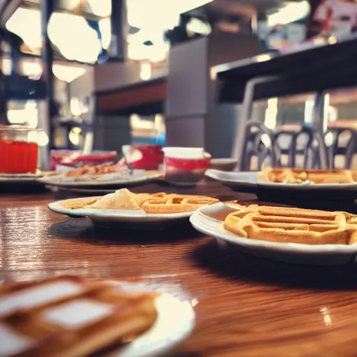 Prompt: first person perspective picture of arms on table, wafflehouse