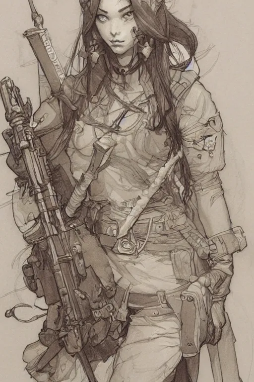 Prompt: pencil sketch of cute soldier girl by marc simonetti and brian froud and Mike Mignola and Alfons Maria Mucha and peter mohrbacher, hyperdetailed