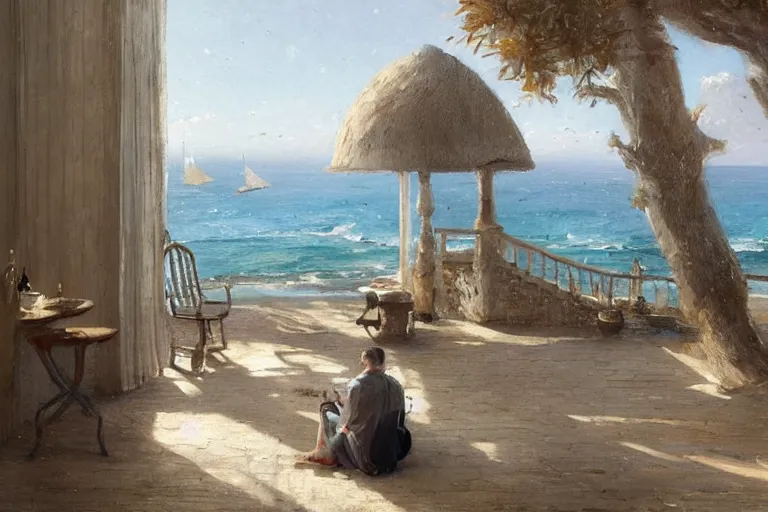 Prompt: a painting of a man sitting down and having a cup of tea in his house by the beach, by greg rutkowski, muted colors