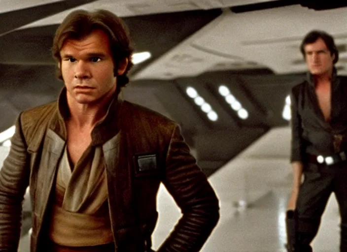 Image similar to screenshot of Han Solo dressed up as an imperial, iconic scene from 1970s spy thriller film directed by Stanley Kubrick, in a sci-fi shipping port, last jedi, 4k HD, cinematic lighting, beautiful portraits of Harrison Ford, moody, stunning cinematography, anamorphic lenses, kodak color film stock