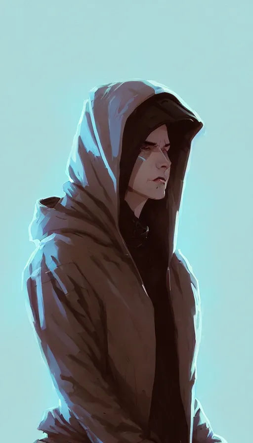 Image similar to cyberpunk synth, hyper - realistic portrait of a man in a hoodie, cyberpunk, by atey ghailan, by greg rutkowski, by greg tocchini, by james gilleard, by joe fenton, by kaethe butcher, dynamic lighting, gradient light blue, brown, blonde cream and white color scheme, grunge aesthetic
