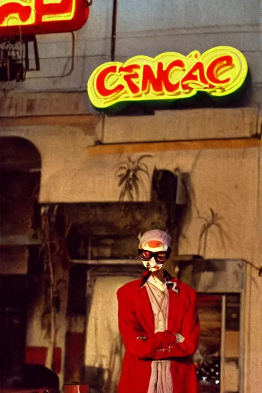 Prompt: orientalist painting portrait of a slender man with short hair and rounded sunglasses, smiles in despair, atmospheric and obscure, standing under the cereal convention neon sign, by roger deakins, cinematography, syd mead, realistic, 5 0 mm