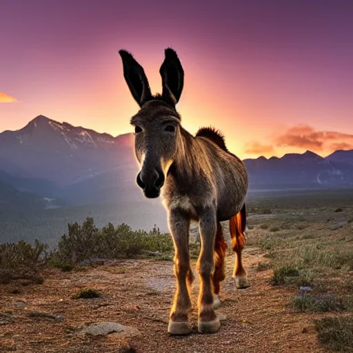 Prompt: an amazing portrait of a donkey on a slim rocky path, rocky mountains in the background, sunset sky photography, award winning cinematic lighting, highly detailed