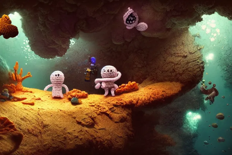 Image similar to an expedition of crochet scuba divers discovering a mysterious cave underwater. cute, illustration, digital art, inspired by little big planet, by greg rutkowski, detailed, sharp, masterpiece, highly detailed, photorealistic, octane render, 8 k, unreal engine 5, trending on artstation, vivid colors