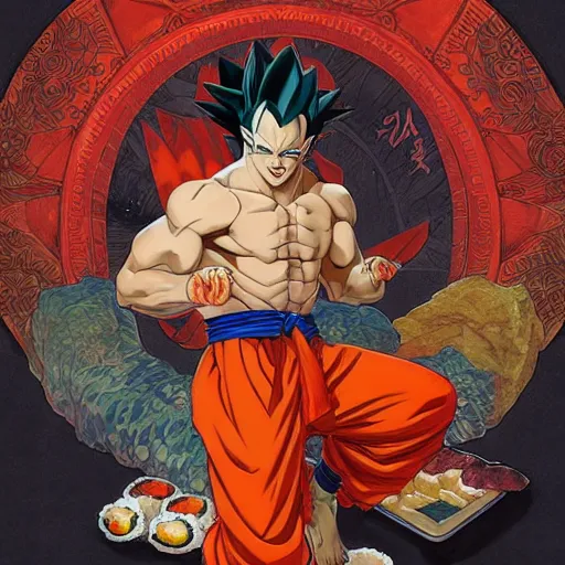 Image similar to songoku in a sushi costume art by artgerm and greg rutkowski and alphonse mucha