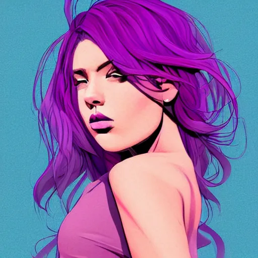 Prompt: a stunning upper body portrait of a beautiful woman with ombre hairstyle in purple and pink blowing in the wind by marvel comics, digital art, trending on artstation