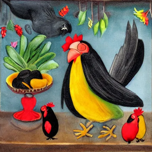 Prompt: black cat and two parrots and a hen