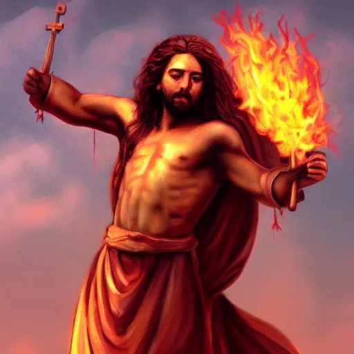 Prompt: Concept art of flaming Jesus on the cross, trending on artstation.