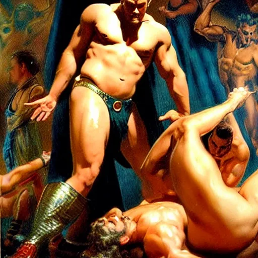 Image similar to muscular zeus wears leather at a dance club and falls in love with the handsome god jupiter, painting by gaston bussiere, craig mullins, j. c. leyendecker, tom of finland