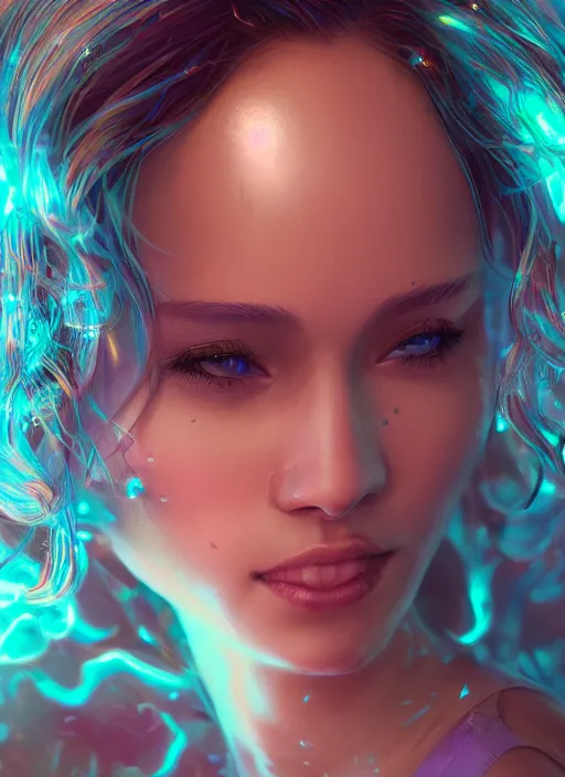 Image similar to glowwave girl portrait, hyper detailed, 3 / 4 shot, digital art, trending in artstation, cinematic lighting, studio quality, smooth render, unreal engine 5 rendered, octane rendered, art style by klimt and nixeu and ian sprigger and wlop and krenz cushart