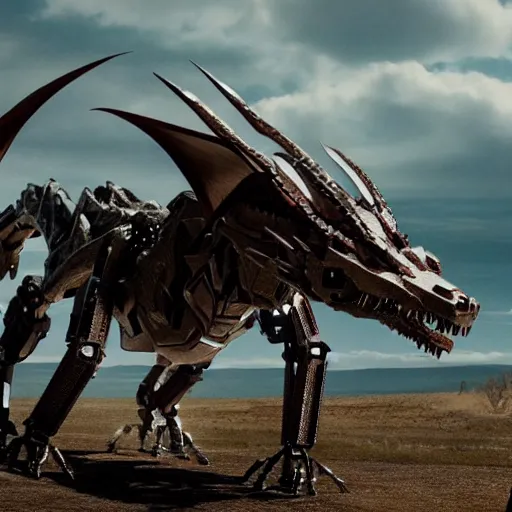 Prompt: cinematic still of westworld, intact si - fi robotic fantasy dragon, well armored mech dragon, highly detailed