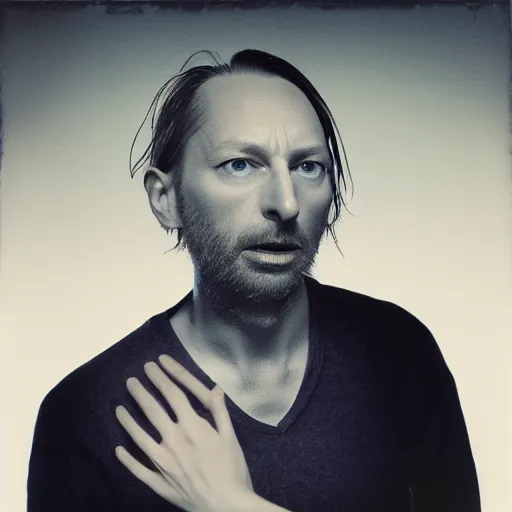 Prompt: Radiohead, Thom, with a beard and a black shirt, a computer rendering by Martin Schoeller, cgsociety, de stijl, uhd image, tintype photograph, studio portrait, 1990s, calotype