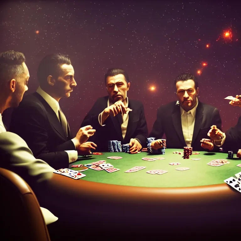 Image similar to Three mafiosi playing poker in open cosmos, star systems are visible in the background. Extremely high details, realistic, fantastic octane render, cinematic, hyperrealism, 8k, masterpiece